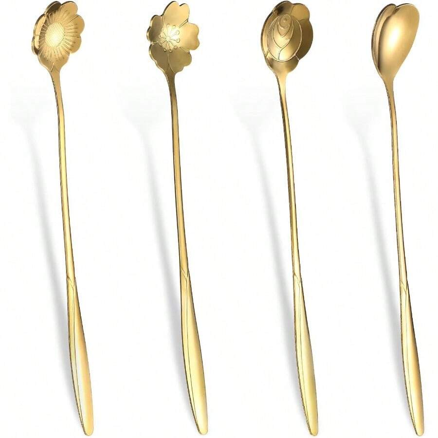 4 Pcs Flower Spoon Coffee Teaspoon ''' Flower Coffee Spoon Drink Stirring Spoon Stir Bar Spoon Long Handle Spoon Retro Dessert Demitasse Espresso Spoons Coffee Tea Dessert - 金色 - 查看 1