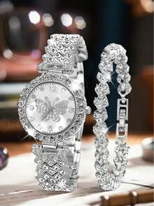 2pcs Women's Fashionable And Casual Quartz Watch, Round Luxury Full Diamond Watch, Paired With Diamond Studded Bracelet Jewelry Combination Set, Suitable For Daily Wear, Festivals And Parties, The Best Gift For Women.