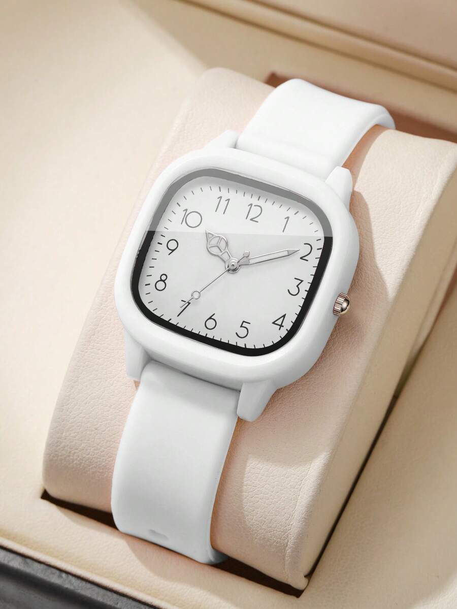 1 件女士硅胶石英表，时尚简约方形表盘，经典腕表（1 件/套），不含表盒 - 白色 - 查看 1