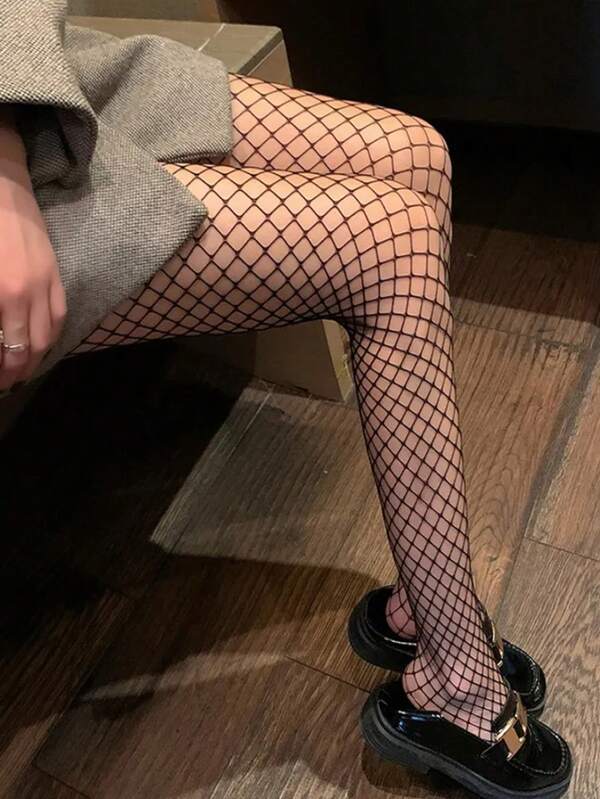 1 pieza Medias de rejilla sexy para mujer de talla grande, mallas/leggings elásticas y transparentes