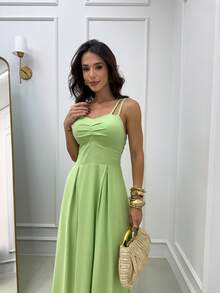 Long Dress With Double Straps And Ruched Detail On The Bust - Bơ xanh - Xem 3