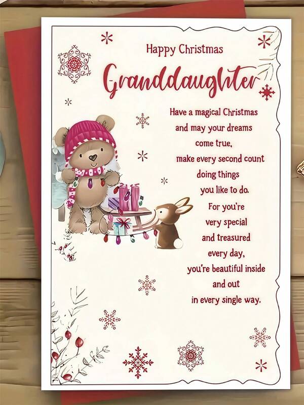 1pc Christmas Granddaughter Greeting Card With Envelope - Festive Cartoon Bear & Snowflake Design, Heartfelt Message For Granddaughters, Holiday Paper Card, No Electricity Needed, Best For Christmas