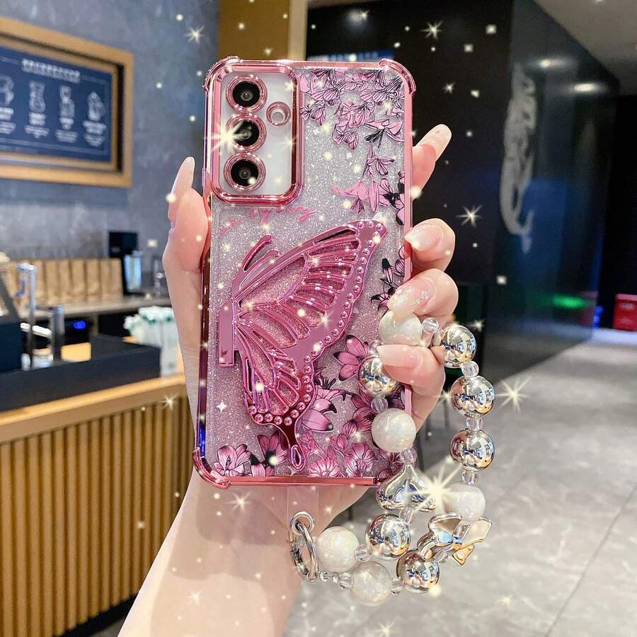 Butterfly 1 件极简主义支架手机壳，防震/TPU 硅胶软边豪华保护套带防尘孔，适用于三星 Galaxy S24 Ultra/S24 Plus/S24/S23 Ultra/S23 Plus/S23/S22 Ultra/S22 Plus/S22/S21 Ultra/S21 Plus/S21 FE/S23 FE/S20 Ultra/S20 Plus/S20 FE 和电镀 + TPU 硅胶软边全覆盖高端保护壳适用于 OPPO A5x/C1 2 3 4 5 6 7 8 9/9 8 7 6 5 4 3 2 1 和 OPPO A1 2 3 4 5 6 7 8 9 9 8 7 6 5 4 3 2 1 - 粉紅色+支架+鏈 - 查看 1