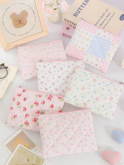 1 Piece Ditsy Floral Design Pattern Tote Shoulder Bag With Handle Large Capacity Splice Handle Makeup Bag