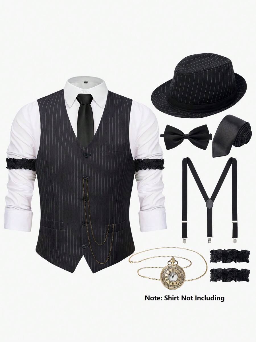 1920s Mens Costume,Roaring 20s Costumes For Men,Gatsby Costume Men,1920s Mens Outfit Hat Vest Pocket Watch Tie-Not Including The Shirt - Mũ sọc đen trắng - Xem 1