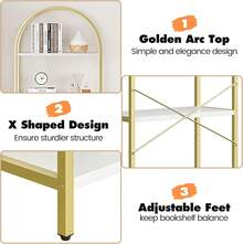 Librero de 5 Niveles con Arco, Estante de Exhibición Alto, Estructura Metálica Moderna, Repisa Grande de Madera para Recámara, Sala u Oficina, Blanco/Oro - Dorado - Ver 5