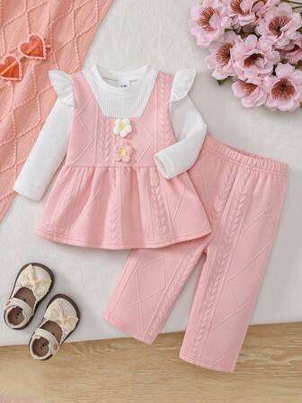 2pcs Baby Girl Casual Minimalist Homewear Set, White Knit Patchwork Jacquard Decor Long Sleeve Top And Pink Jacquard Straight Pants, Spring/Autumn
