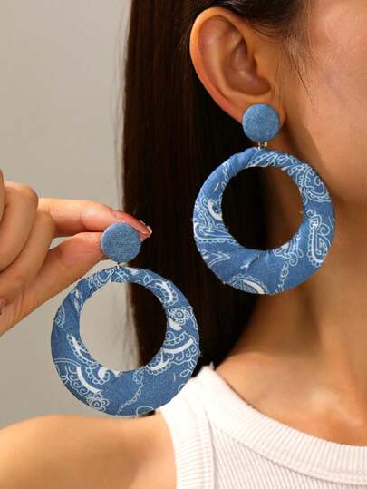 1 Pair Vintage Western Style/Handmade Distressed Denim Punk Round Earrings, Suitable For Women's Everyday And Vacation Wear