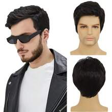 10 Zoll braune und schwarze kurze strukturierte synthetische Perücke für Männer, vielseitig für den Alltag und Halloween-Kostüme, europäischer und amerikanischer Stil kurze Business-Herrenperücke, natürlich flauschiges kurzes Haar, hitzebeständige Faser