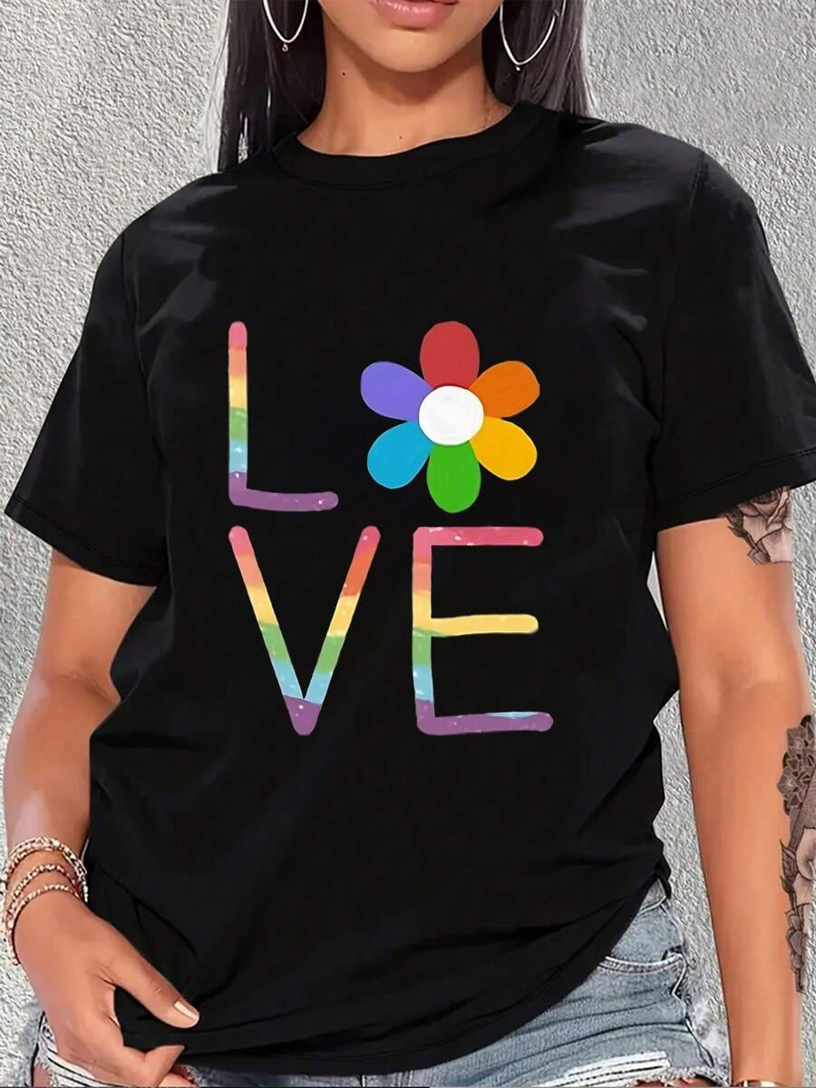 Vibrant Rainbow LOVE Flower Graphic Tee For Women, Soft Comfortable Short Sleeve Crew Neck Top, Lightweight Casual Everyday Fashion Printed Shirt For Ladies