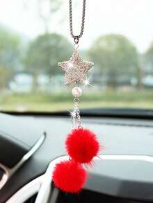 1pc Rhinestone Decorated Car Rearview Mirror Pendant Fluffy Ball Car Hanging Decor, Heart-Shaped Fluffy Ball Rhinestone Pendant Car Interior Accessory - one-size - View 7