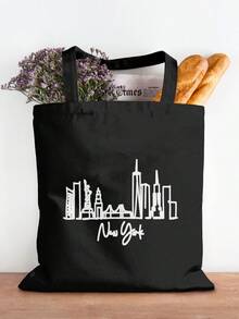 New York City Skyline Print Canvas Tote Bag Large Capacity Shopping Bags Harajuku Cartoon Female Shoulder Handbag  Girl Handbags - 黑色 - 查看 3