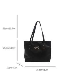 Tas Tangan Kasual Kapasitas Besar Motif Belah Ketupat Warna Solid dengan Pita, Tas Tote Minimalis Bergaya, Model Baru 2025 - Hitam - View 3