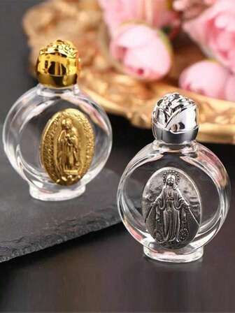 1pc/2pcs Holy Water Cross Bottle Saint Mary Sculpture Bottle Holy Water Bottle, Rose Bottle Cap Holy Water Bottle 15ml Glass Bottle Dispensing Bottle, New Portable Rose Bottle Cap Crystal Glass Gold Relief Dispensing Bottle Container Jewelry, Travel Portable Dispensing Bottle, Beauty Tool, Exquisite Gift For Friends