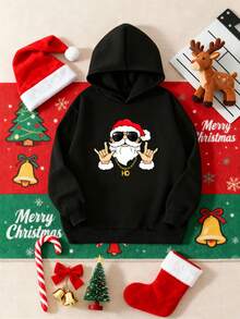 Christmas Santa Claus Gesture Print Casual Versatile Sweatshirt For Teen Boys, Suitable For Street, Outdoor, Holiday, Daily Wear - Black - View 4