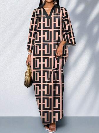1件几何印花休闲保守日常连衣裙，适合春秋季