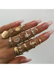 15-Piece Vintage Personalized Ring Set, Gold Adjustable Stacking Rings, Elegant Bow Heart Coin Cross Geometric Pattern, Suitable For Daily Wear, Wedding Banquet Party, Women'S Gift - Vàng - Xem 1