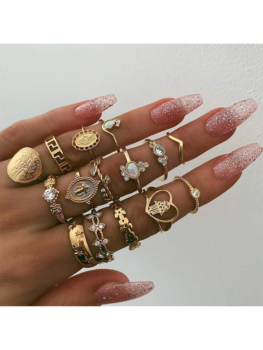15-Piece Vintage Personalized Ring Set, Gold Adjustable Stacking Rings, Elegant Bow Heart Coin Cross Geometric Pattern, Suitable For Daily Wear, Wedding Banquet Party, Women'S Gift - Vàng - Xem 1