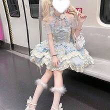 Butterfly Heart Lolita Original Dress JSK Halter Neck Daily Dress Bow Princess Style Lolita - 淺藍色短裙+掛脖+吊帶 - 查看 5