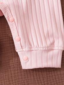 Baby Girl Soft & Skin-Friendly Jumpsuit, Pink, Round Neck Long Sleeve With Ruffle, Bow Decor, Button Front, All Season