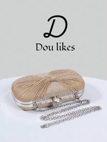 Elegant Champagne Pleated Woven Evening Clutch Bag, High-End Engagement Clutch Purse For Cheongsam Dress, With Metal Chain, Graceful Lady Party Clutch Suitable For Prom, Wedding, Graduation Dance, Formal Dinner/Banquet, Perfect Match For Women's Graduation Dance Dress, Graduation Dance Accessories, Sequin Dress, Shiny Dress, Women's Graceful Dress.