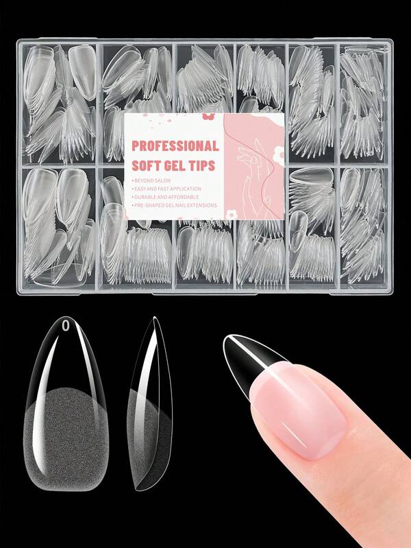 504 szt. bardzo krótkich, migdałowych tipsów, 12 dostępnych rozmiarów – wstępnie ukształtowane akrylowe tipsy, półmatowe, całkowicie kryjące, przezroczyste tipsy żelowe, klejone sztuczne przedłużanie paznokci do domowego manicure