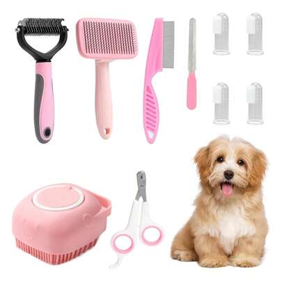 Juego de 10 cepillos profesionales para baño de perros, set de aseo para perros, set de aseo para mascotas (rosa)