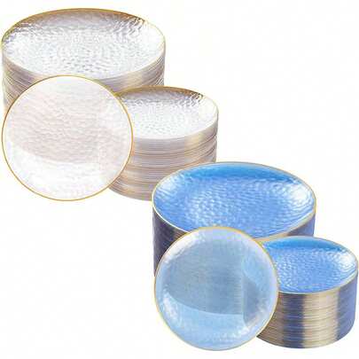 50/25/20/10/5pcs Transparent Gold-Rimmed Plates, Western Dinner Plates, Party Plates, Pasta Plates, Large 10.25in/Small 7.5in, Reusable Blue Gold-Rimmed Plates, Transparent Blue Baroque Style Plates With Gold Foil Rim, Suitable For Party, Banquet, Wedding, New Year, Valentine's Day, Quality Plate Set
