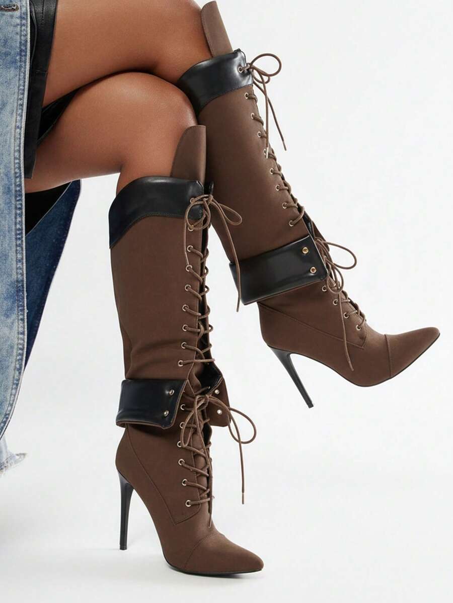 Y2K Style Luxury Fashion Women's Over Knee Boots Pointed Toe Lace Wide Calf Zip Stiletto Heel Shoes Motorcycle Dressy Party Boots - 巧克力棕 - 查看 1