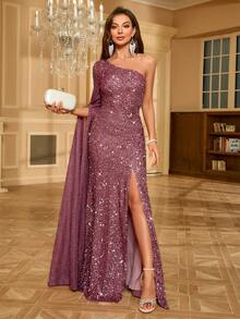 UNITHORSE 亮片缀饰不对称肩部开衩袖连衣裙 - 藕粉色 - 查看 5