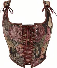 Womens Vintage 1920s Renaissance Lace Trim Corset Bustier, Retro Fashion - Bunga Coklat - View 8