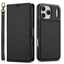 OUKNOEO Magnetic Wireless Charging Faux Leather Case Compatible With IPhone 17 Air 16e 15 14 13 Pro Max S26 S25 Edge S24 UItra Plus A16 A17 A36 A56 A37 A57 With Flip 4 Card Slot Anti-Theft Brush Wallet With Short Lanyard - Black - View 11