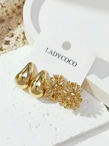 LADYCOCO 2 对优雅泪珠/多层花卉金属耳环，适合女性日常佩戴、约会、聚会 - 金色 - 查看 5