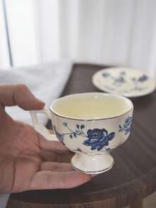 1件100毫升陶瓷法式浓缩咖啡杯碟，下午茶咖啡杯，优雅陶瓷咖啡杯碟，复古下午茶花茶具 - 藍花 - 查看 6