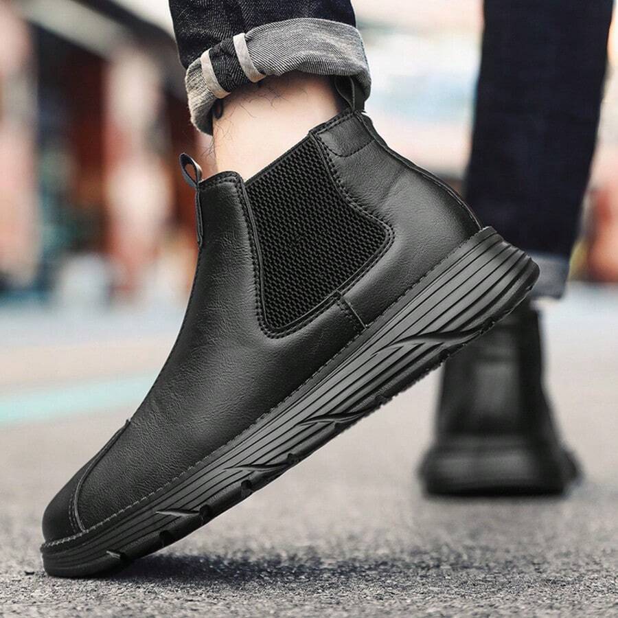WANWEISI Bottes à enfiler pour hommes - Bottes cheville à bout rond noires avec panneaux latéraux élastiques, style casual et d'affaires, tige synthétique, convient pour toutes les saisons, chaussures casual | Design de bottes à la mode | Chaussures à panneau élastique, Bottes hautes marron confortables à enfiler pour hommes, avec bande élastique, semelle MD antidérapante, doublure en tissu respirant, convient pour le plein air, le travail et les tenues casual