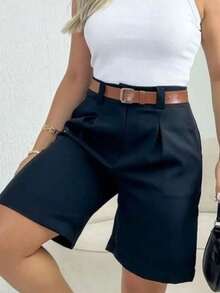 Women's Bermuda Shorts With Tailored Belt, High-Waisted Women's Shorts With Pocket, Elegant Social Style - 黑色 - 查看 5
