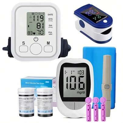 Kit de salud en el hogar: Medidor De Glucosa Digital + Tensiómetro + Pulsioxímetro de dedo con 50 agujas de sangre y 50 tiras reactivas