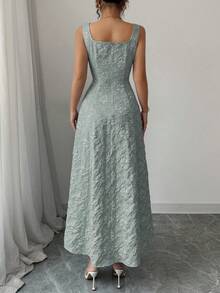 Vestido jacquard elegante e requintado com alças largas, textura floral, comprimento médio justo, estilo casual para férias - Verde - Visão 3