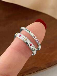 rundraw 2pcs Minimalist Elegant Metal Plain Band Star & Moon Zirconia Open Ring Set, Couples Accessories For Daily Wear - Silver - View 8