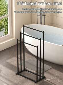 1pc Three-Tier Black Metal Towel Rack, Free-Standing Ladder Design, Can Hold Blankets, Towels, Etc., Space-Saving Bathroom Storage Rack, With Sturdy Steel Structure, Easy To Assemble, Compact And Saves Floor Space, Bathroom Towel Rack