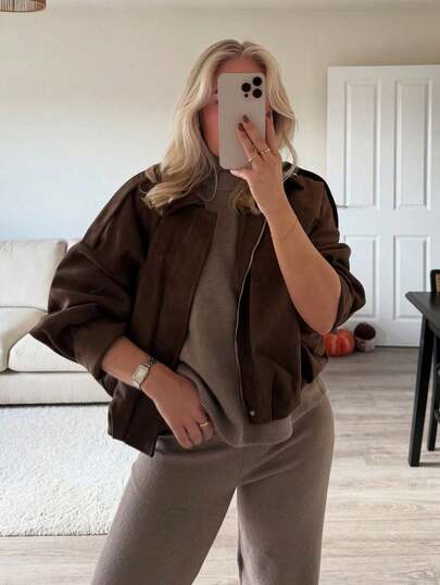 Women's Fashionable Elegant Solid Color Turndown Collar Button Bomber Jacket, Suitable For Daily Wear Spring