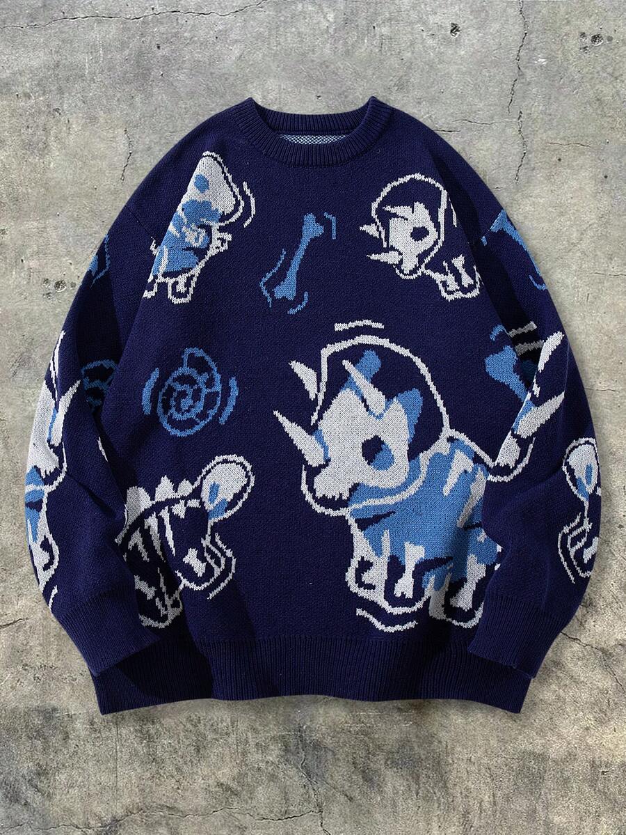 ANDREILEE Men's Casual Dinosaur Print Crew Neck Loose Fit Pullover Sweater, Versatile Street Style, Suitable For Spring, Autumn, Winter - Navy Blue - View 1