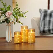 Homemory Set Of 3 Gold LED Flameless Candles, Battery Operated Candles With Embedded Fairy Lights, Acrylic Fake Candles With Remote And Timer For Wedding Home Decor, - 金色 - 查看 4