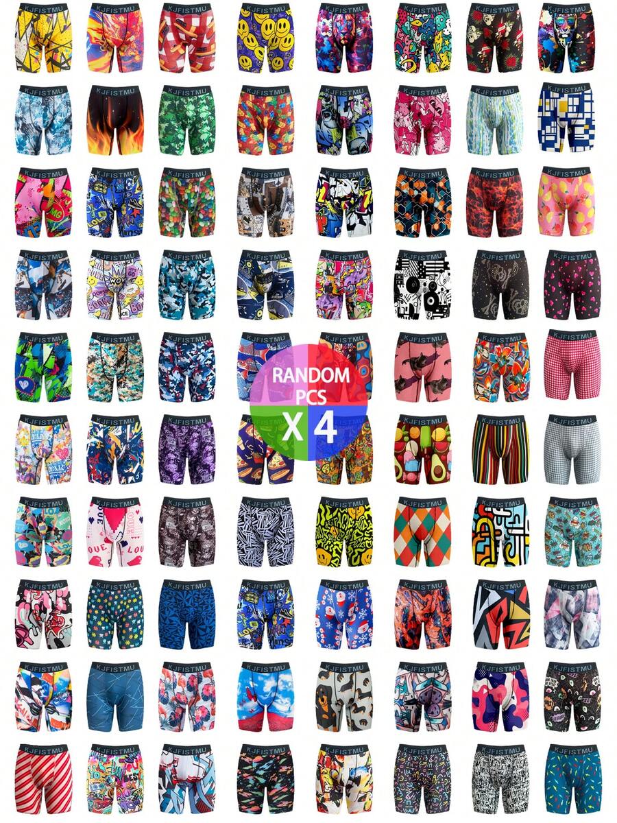 4-Pack Men's Boxer Briefs, Extended Length With Graffiti Patterns - Elastic, Breathable, Soft And Comfortable - Home, Party, Everyday Underwear - KJFISTMU - 彩色 - 查看 1