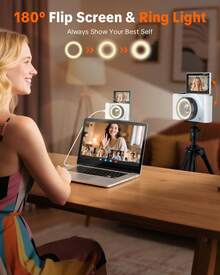 W&O Cámara digital para fotografía, cámara 4K con luz de anillo, pantalla abatible de 180° para vlogging con modo belleza, cámara compacta para principiantes con tarjeta SD, regalo de Navidad - Blanco - Ver 3