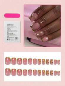 24pcs Short Square Press-On Nails, Gold French Stiletto Design, 3D Sunburst Line Art Minimalist Style, Glossy Full Coverage Fake Nails, Suitable For Women & Girls Summer Manicure, Daily Wear - 金色 - 查看 3