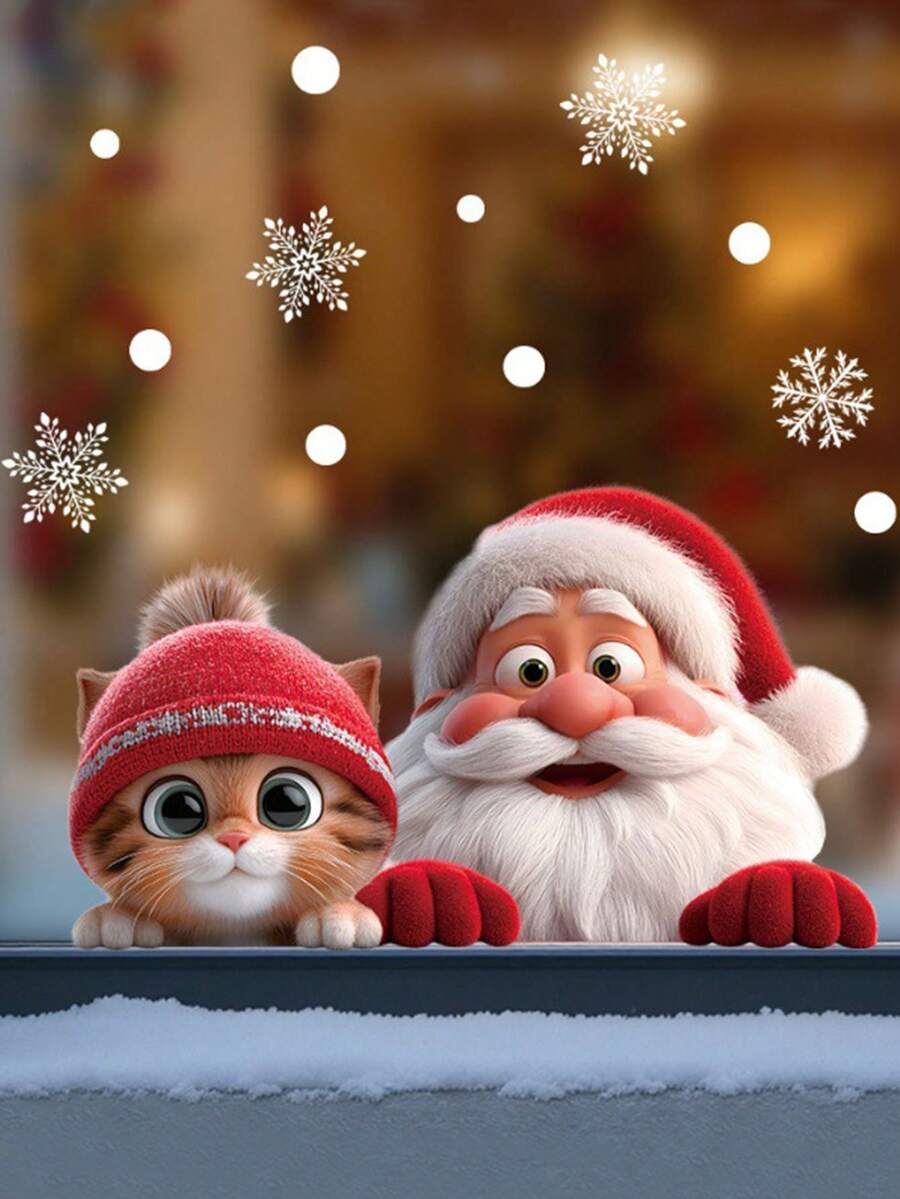 1 buc autocolant Moș Crăciun pentru sticlă, decal autoadeziv static detașabil, potrivit pentru dormitor, living, verandă, ferestre, reutilizabil vizibil pe două fețe, autocolant artistic pentru decor de Crăciun