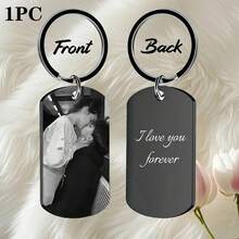 定制雕刻照片/文字钥匙扣 - 个性化激光雕刻心形钥匙圈，耐用金属钥匙扣，男女通用，情人节、圣诞节、家庭礼物，黑色，钥匙扣配件，浪漫礼物，优雅配饰，高品质雕刻，个性化双面照片玻璃钥匙扣