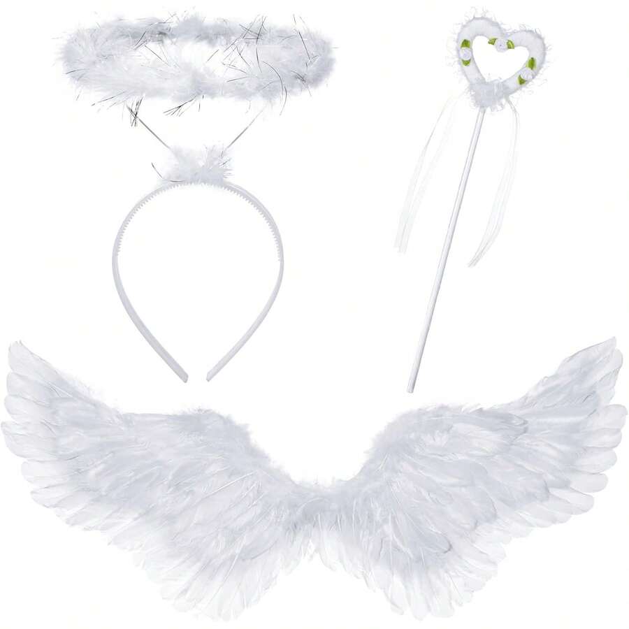 Angel Wings And Halo Angel Costume Feather Wings Headband Wand Set Halloween Outfit Cosplay Costume Accessories