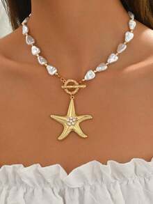 1pc Bohemian Beach Seaside Holiday Starfish Pendant Pearl Necklace, Simple Jewelry Accessory For Daily, Holiday, Party, Dress Matching - Mặt dây chuyền - Xem 2